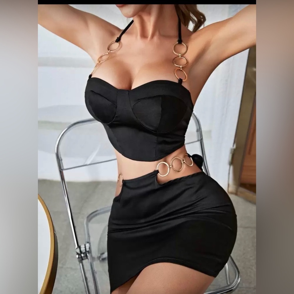 New Black Crop Top and Skirt Set with Gold Ring Details size S